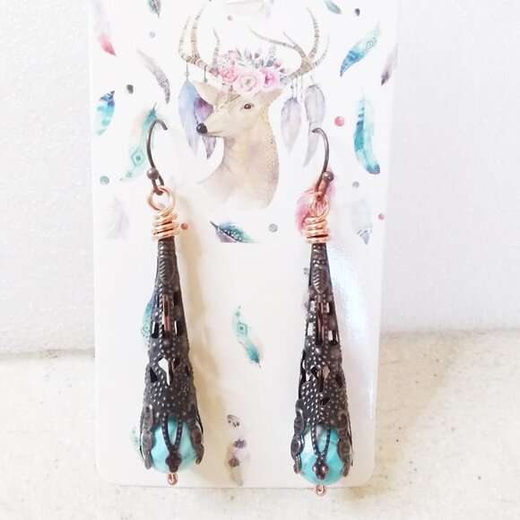 Copper Filigree & Blue Howlite Dangle Earrings! Lightweight Boho Coastal Cowgirl - Picture 6 of 9
